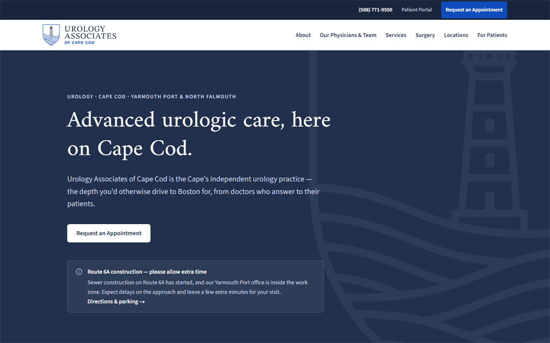Homepage of urologycapecod.com, designed and built by Pointed